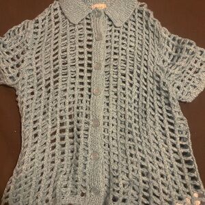Blue Crochet Button-Up Top